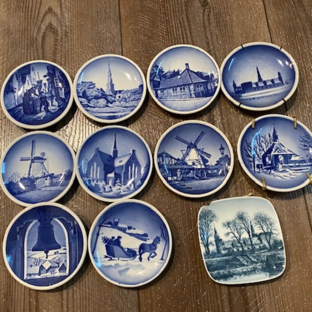 10 Vintage DANISH round BLUE & WHITE PLATES + 1 square BLUE & WHITE PLATE